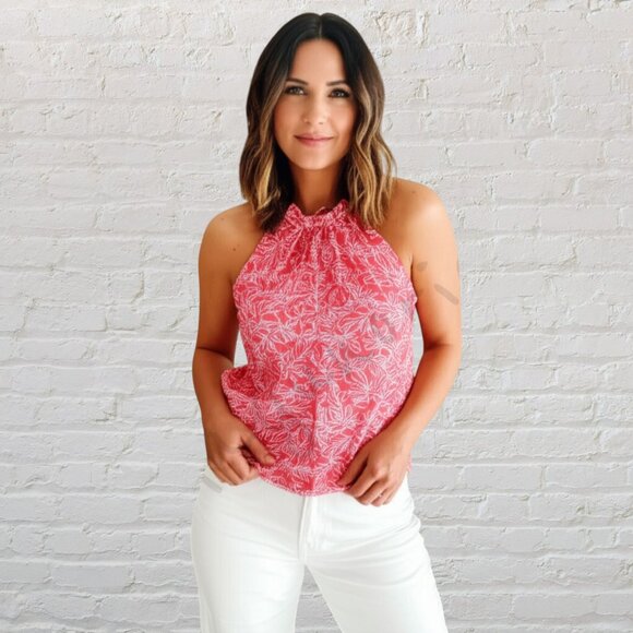 Loft Coral Floral Halter Top S Cinched Waist Keyhole Back Summer Tank Rayon - Picture 1 of 13